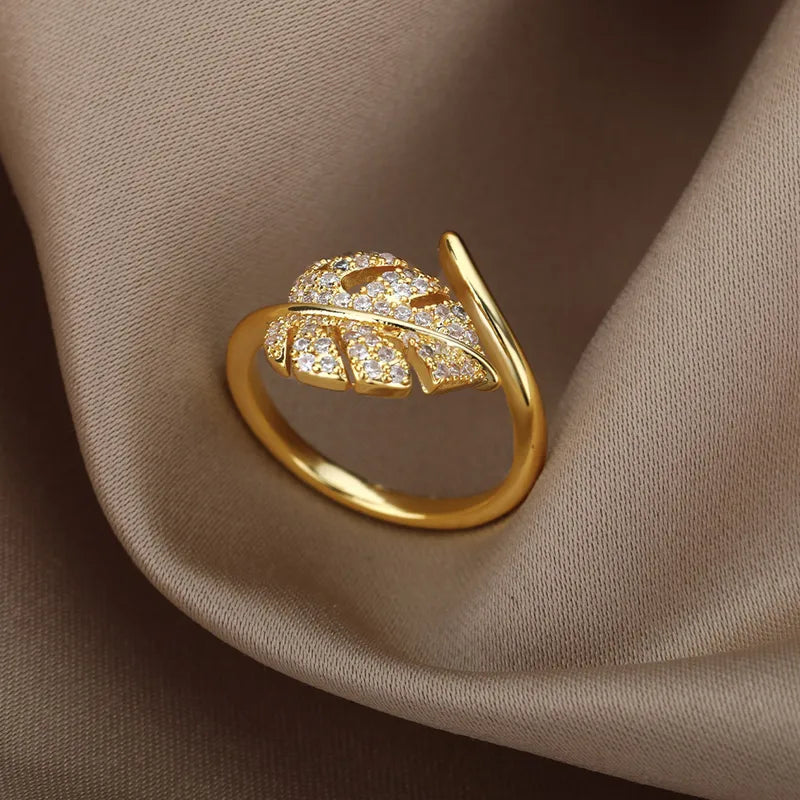 Elegant Leaf Open Ring For Women Golden Stainless Steel Daily Use