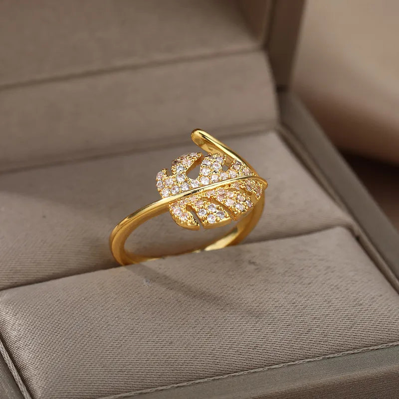 Elegant Leaf Open Ring For Women Golden Stainless Steel Daily Use