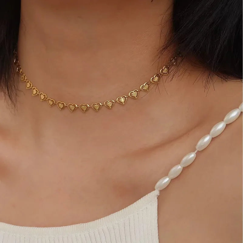 18K Gold Plated Heart Shape Stainless Steel Waterproof Non Tarnish Bracelets Necklace