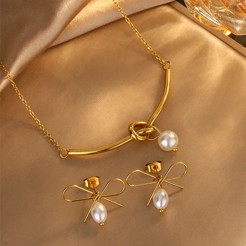 Knot Bow Knot Stainless Steel Cute French Style Classic Style Earrings Necklace Jewelry Set