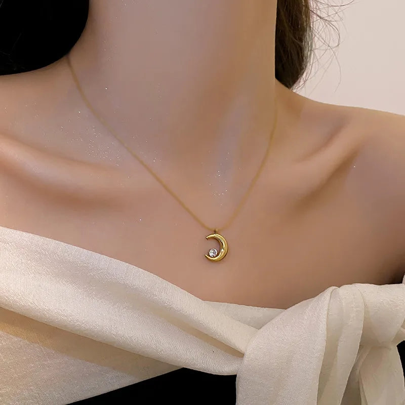 Elegant Moon shape Stainless Steel Zircon Gold Plated Pendant Necklace