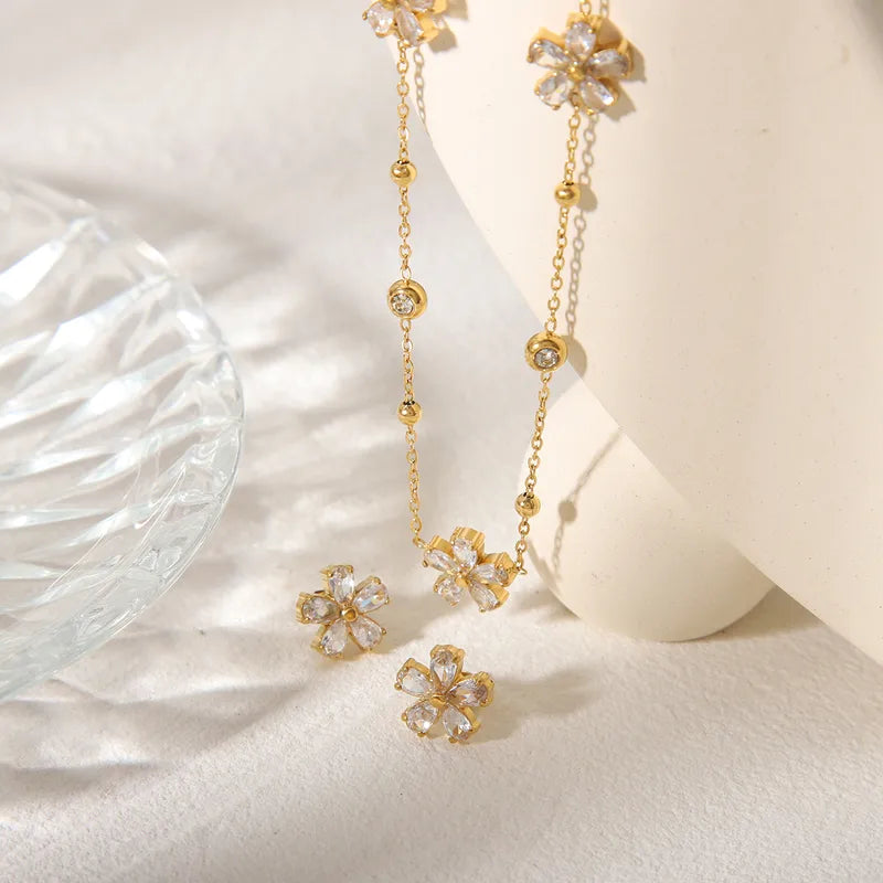 Simple Style Commute Flower Stainless Steel Zircon earring and necklace
