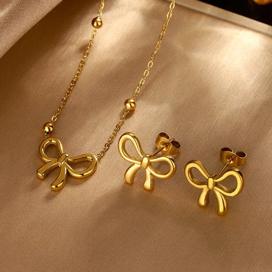 Bow Not Classic Style Stainless Steel Necklace and Earring Set