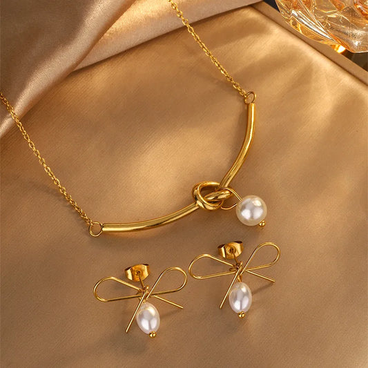 Knot Bow Knot Stainless Steel Cute French Style Classic Style  Earrings Necklace Jewelry Set