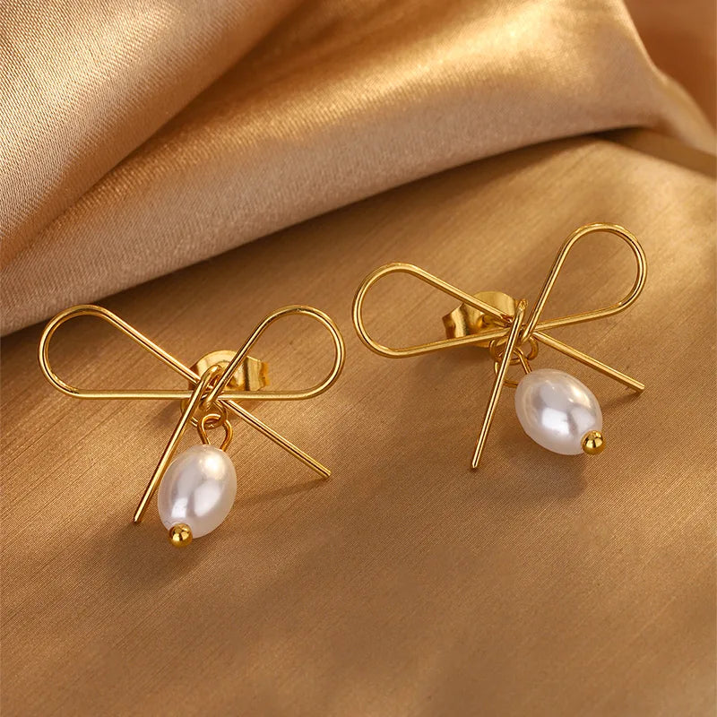 Knot Bow Knot Stainless Steel Cute French Style Classic Style  Earrings Necklace Jewelry Set