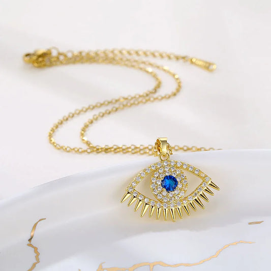 Stainless Steel 18K Gold Plated Elegant Eye Zircon Pendant Necklace