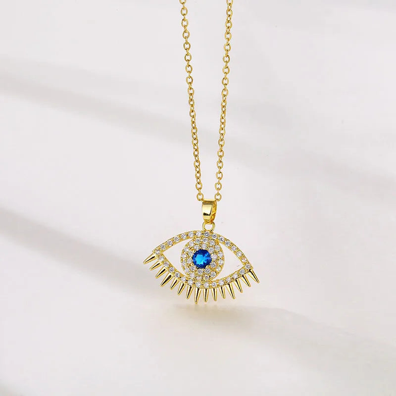 Stainless Steel 18K Gold Plated Elegant Eye Zircon Pendant Necklace