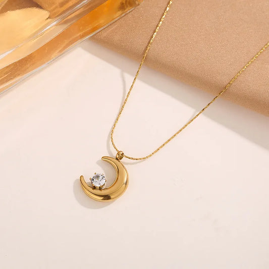 Elegant Moon shape Stainless Steel Zircon Gold Plated Pendant Necklace