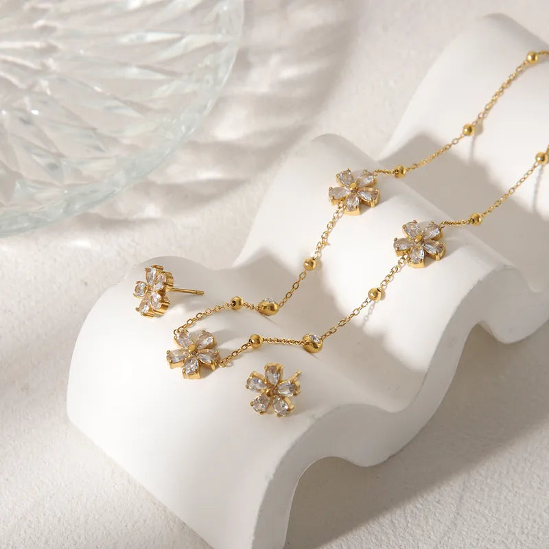Simple Style Commute Flower Stainless Steel Zircon earring and necklace